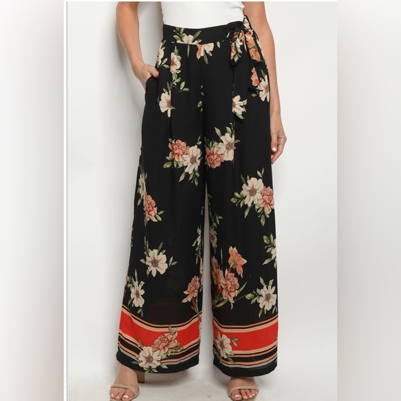 Black Floral Palazzo Pants - Picture 2 of 4